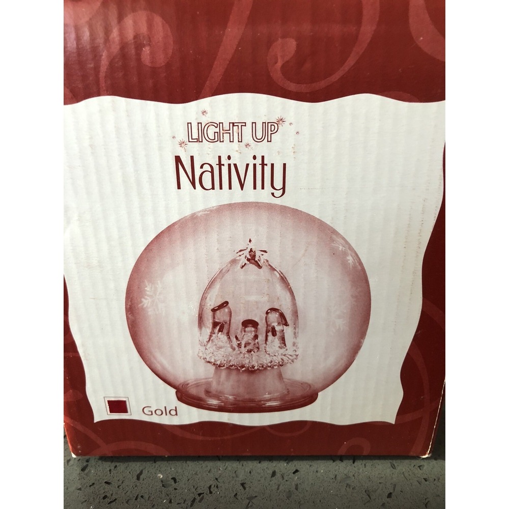 Ganz Multi Color Light Up Christmas Nativity Globe Gold 5.5" White Snowflakes